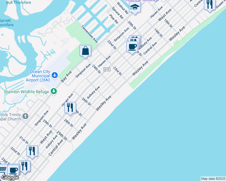 map of restaurants, bars, coffee shops, grocery stores, and more near 2335 Central Avenue in Ocean City