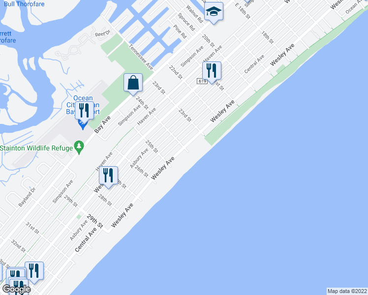 map of restaurants, bars, coffee shops, grocery stores, and more near 2335 Central Avenue in Ocean City