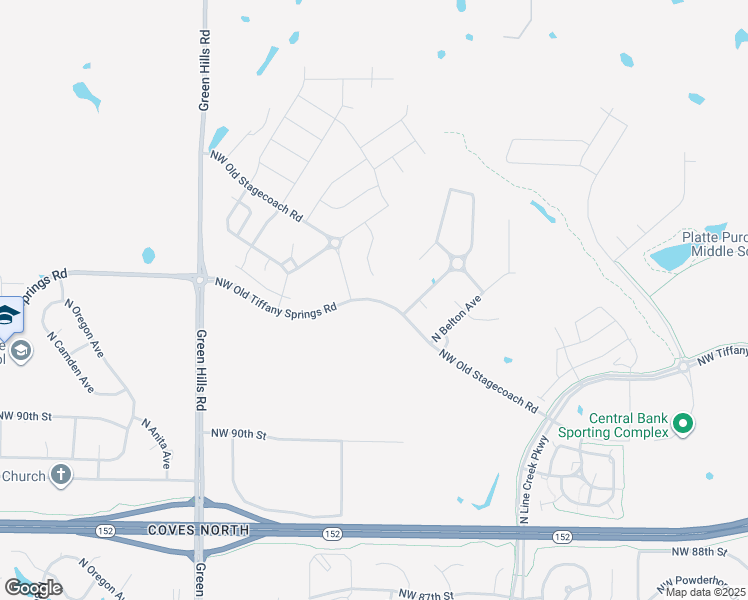 map of restaurants, bars, coffee shops, grocery stores, and more near 9374 Northwest Old Tiffany Springs Road in Kansas City