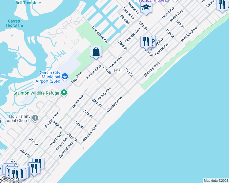 map of restaurants, bars, coffee shops, grocery stores, and more near 2434 Central Avenue in Ocean City