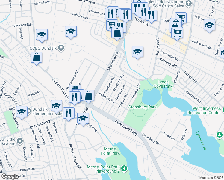 map of restaurants, bars, coffee shops, grocery stores, and more near 1940 Wareham Road in Dundalk
