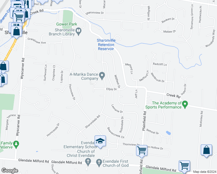 map of restaurants, bars, coffee shops, grocery stores, and more near 3832 Elljay Drive in Cincinnati