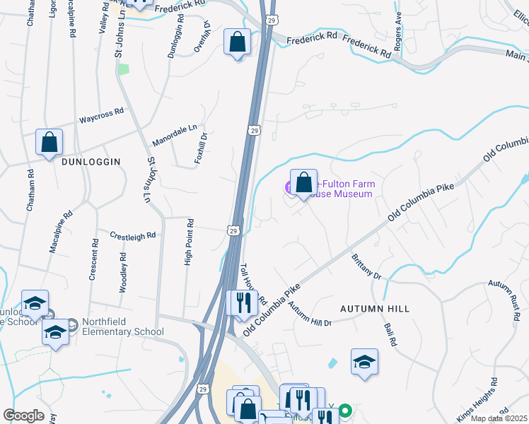 map of restaurants, bars, coffee shops, grocery stores, and more near 8625 Quaker Brothers Drive in Ellicott City