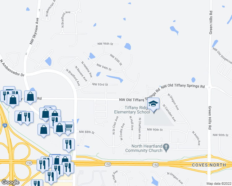 map of restaurants, bars, coffee shops, grocery stores, and more near NW 94 TH in Kansas City