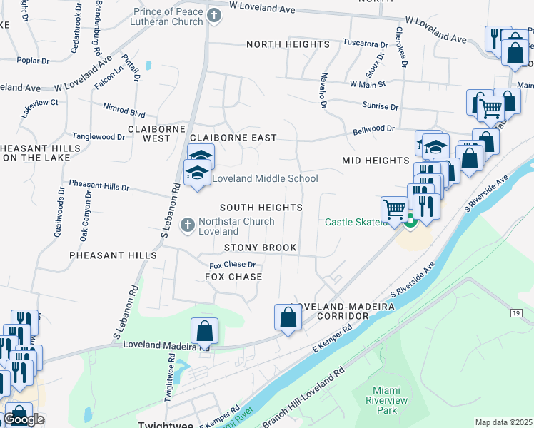 map of restaurants, bars, coffee shops, grocery stores, and more near 732 Marbea Drive in Loveland