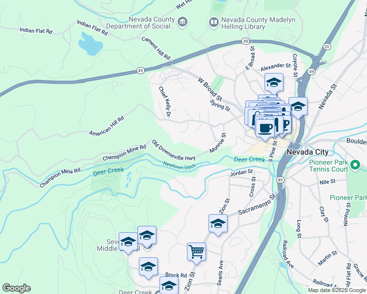 map of restaurants, bars, coffee shops, grocery stores, and more near 408 Old Downieville Highway in Nevada City
