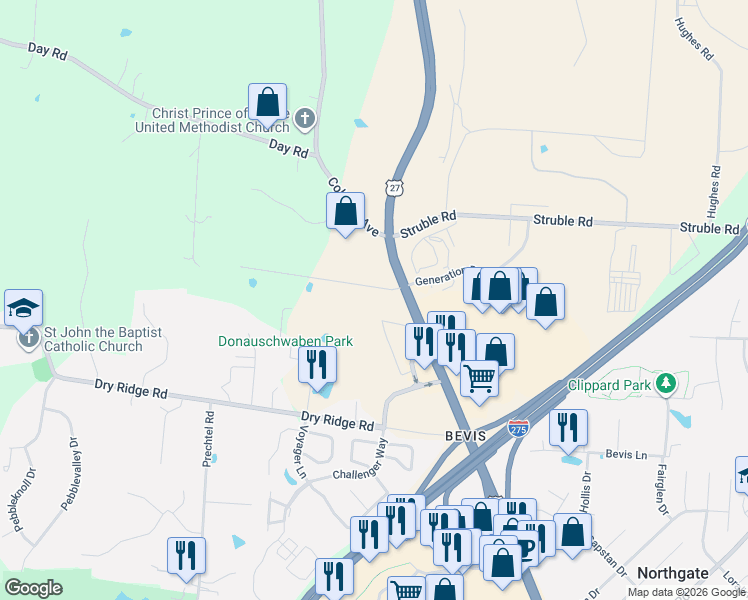 map of restaurants, bars, coffee shops, grocery stores, and more near 4195 Raeann Drive in Cincinnati