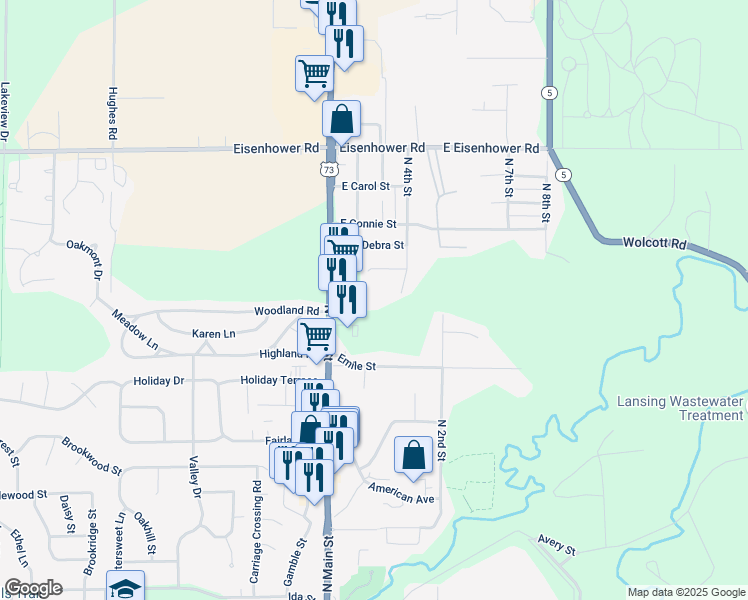 map of restaurants, bars, coffee shops, grocery stores, and more near 210 Jayhawk Court in Lansing
