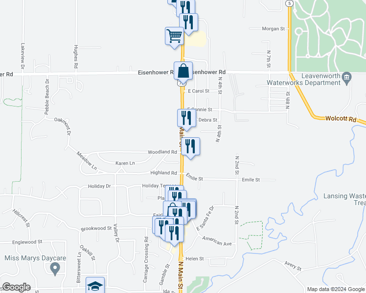 map of restaurants, bars, coffee shops, grocery stores, and more near 823-983 North Main Street in Lansing