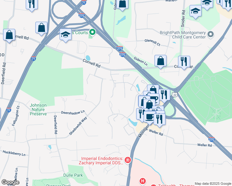 map of restaurants, bars, coffee shops, grocery stores, and more near 10863 Lakehurst Court in Cincinnati
