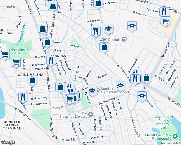 map of restaurants, bars, coffee shops, grocery stores, and more near 25 Leeway in Dundalk