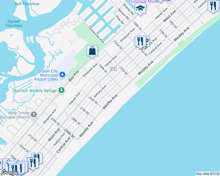map of restaurants, bars, coffee shops, grocery stores, and more near 2415 Asbury Avenue in Ocean City