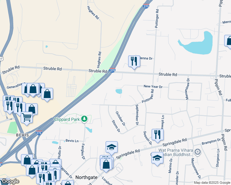 map of restaurants, bars, coffee shops, grocery stores, and more near 10133 Pottinger Road in Cincinnati