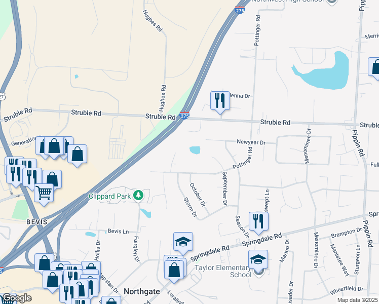 map of restaurants, bars, coffee shops, grocery stores, and more near 10133 Pottinger Road in Cincinnati