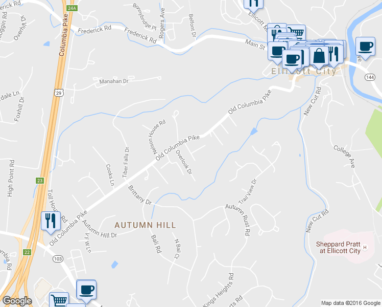 map of restaurants, bars, coffee shops, grocery stores, and more near 4027 Hunt Avenue in Ellicott City