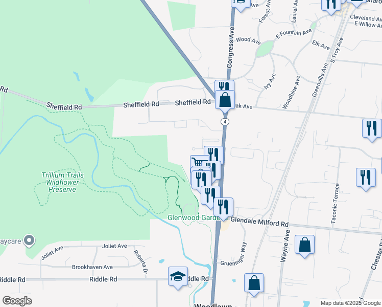 map of restaurants, bars, coffee shops, grocery stores, and more near 10637 Springfield Pike in Woodlawn