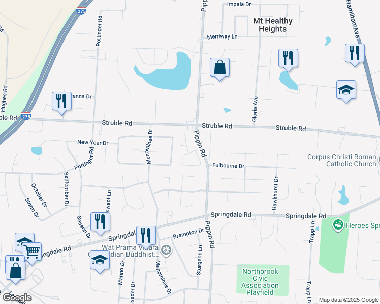 map of restaurants, bars, coffee shops, grocery stores, and more near 2750 Townterrace Drive in Cincinnati