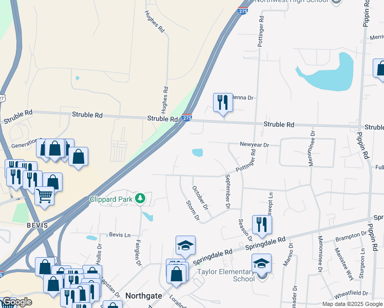 map of restaurants, bars, coffee shops, grocery stores, and more near 10348 Fay Lane in Cincinnati