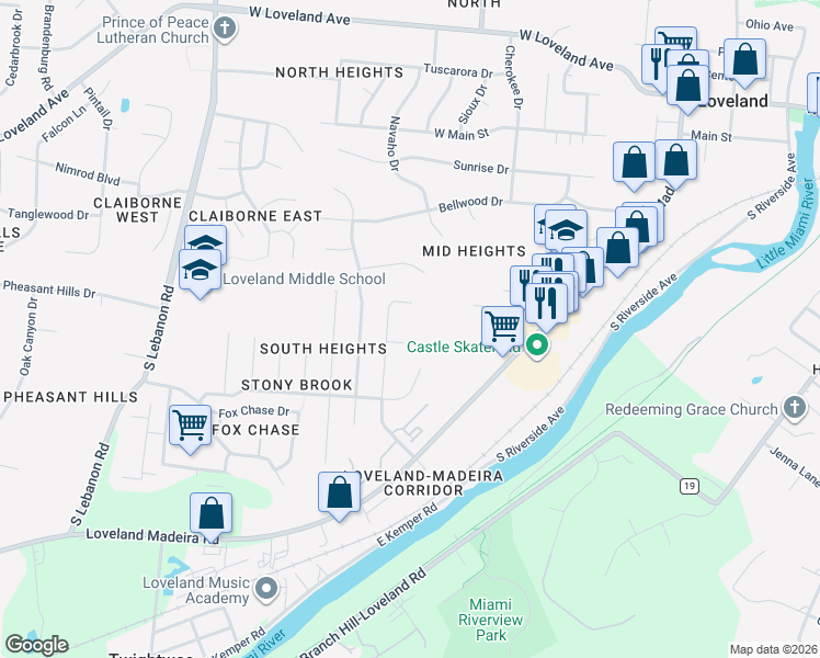 map of restaurants, bars, coffee shops, grocery stores, and more near 4 Highridge Circle in Loveland