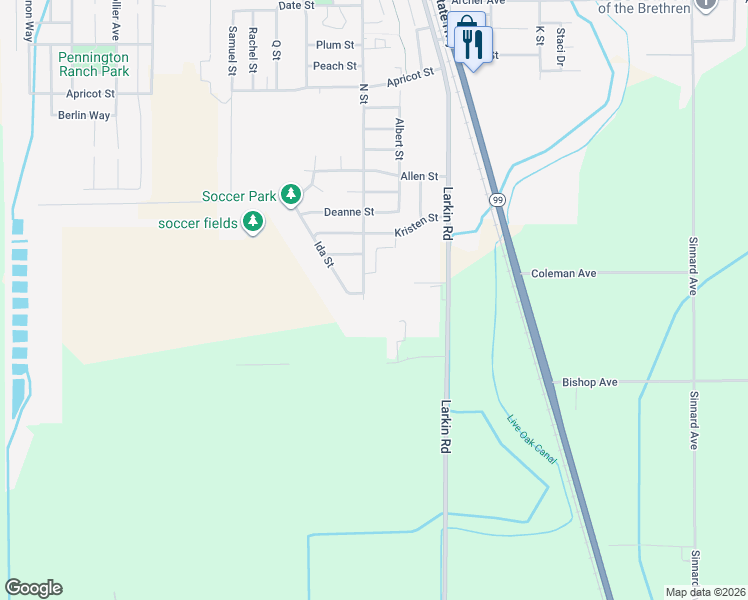 map of restaurants, bars, coffee shops, grocery stores, and more near 9027 N Street in Live Oak