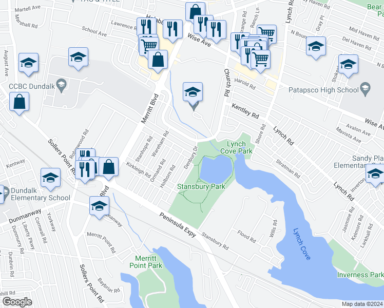 map of restaurants, bars, coffee shops, grocery stores, and more near 1900 Denbury Drive in Dundalk