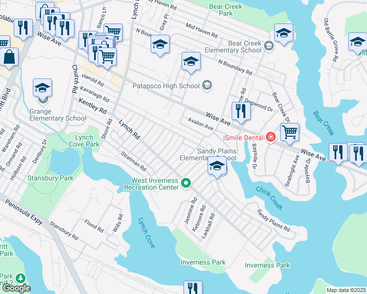 map of restaurants, bars, coffee shops, grocery stores, and more near 1917 Frames Road in Dundalk