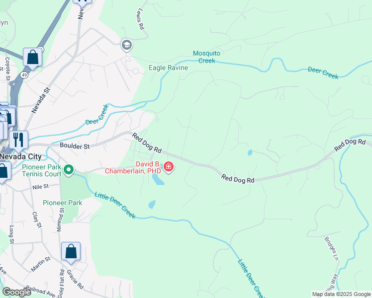 map of restaurants, bars, coffee shops, grocery stores, and more near 11045 Berggren Lane in Nevada City