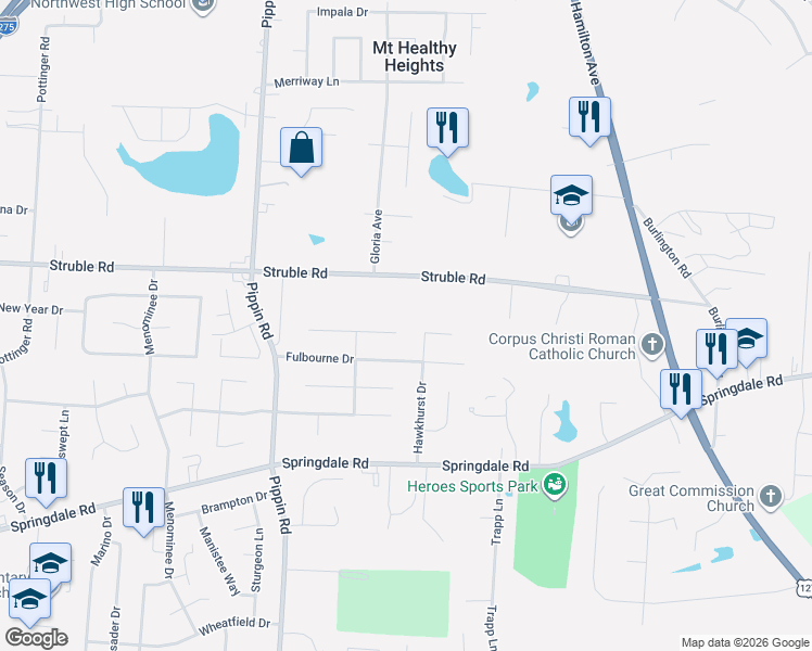 map of restaurants, bars, coffee shops, grocery stores, and more near 2421 Struble Road in Cincinnati