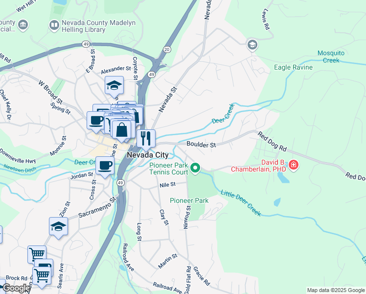 map of restaurants, bars, coffee shops, grocery stores, and more near 211 Park Avenue in Nevada City
