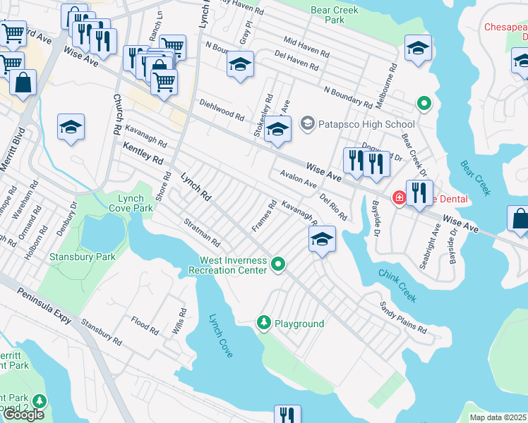 map of restaurants, bars, coffee shops, grocery stores, and more near 1924 Frames Road in Dundalk