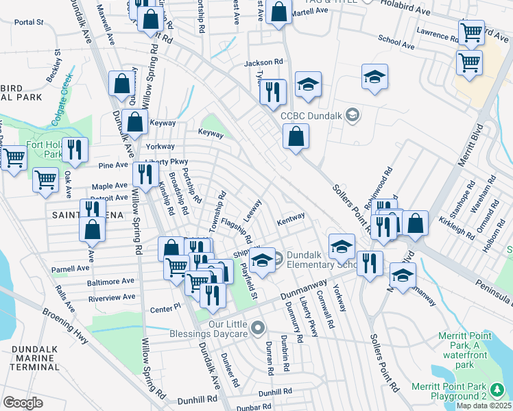 map of restaurants, bars, coffee shops, grocery stores, and more near 25 Leeway in Dundalk
