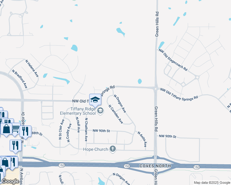map of restaurants, bars, coffee shops, grocery stores, and more near 9135 North Oregon Avenue in Kansas City