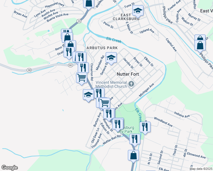 map of restaurants, bars, coffee shops, grocery stores, and more near 219 West Virginia Avenue South in Nutter Fort