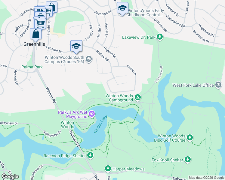map of restaurants, bars, coffee shops, grocery stores, and more near 10523 Hadley Road in Cincinnati