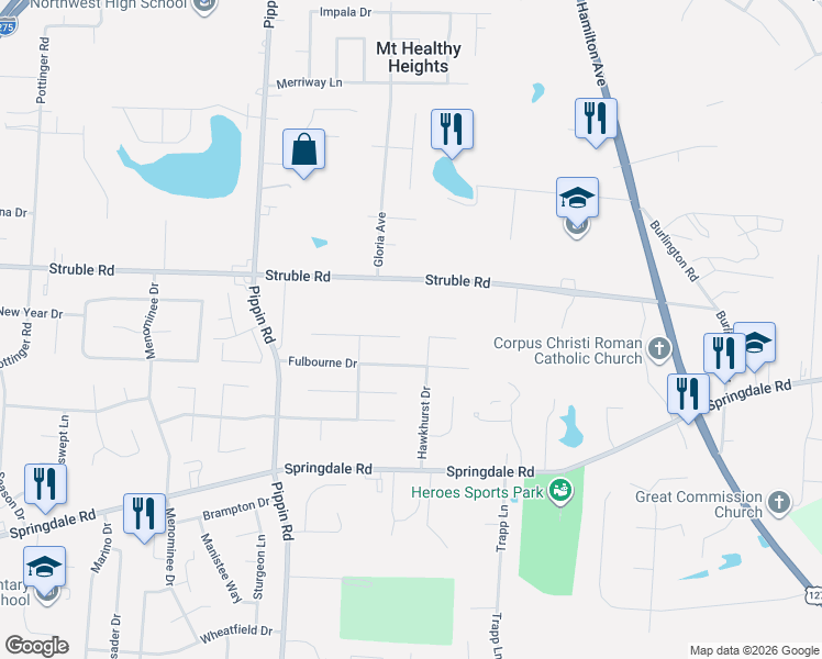 map of restaurants, bars, coffee shops, grocery stores, and more near 2421 Struble Road in Cincinnati