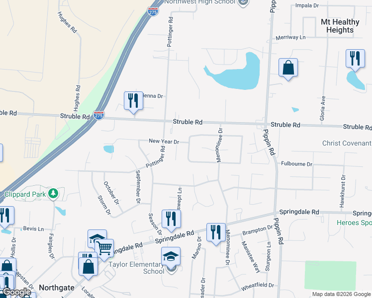 map of restaurants, bars, coffee shops, grocery stores, and more near 3113 Newyear Drive in Cincinnati