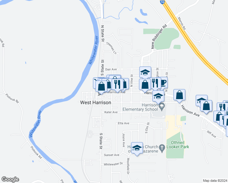 map of restaurants, bars, coffee shops, grocery stores, and more near 111 North Sycamore Street in Harrison