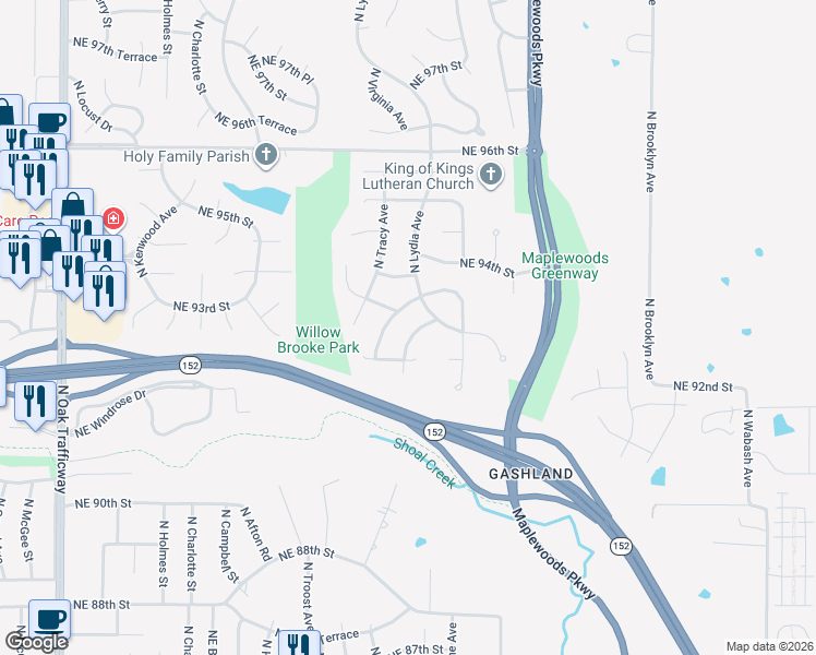 map of restaurants, bars, coffee shops, grocery stores, and more near 9230 North Lydia Avenue in Kansas City