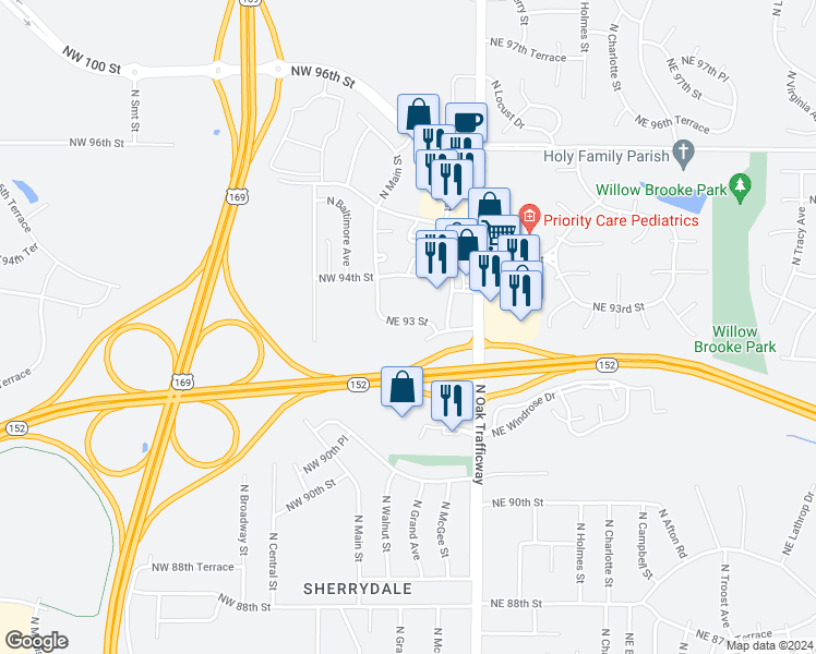 map of restaurants, bars, coffee shops, grocery stores, and more near 114 Northeast 93 Street in Kansas City