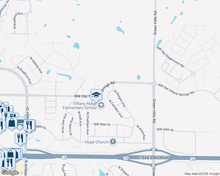 map of restaurants, bars, coffee shops, grocery stores, and more near 4800 Northwest 92nd Terrace in Kansas City