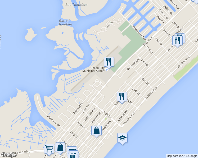 map of restaurants, bars, coffee shops, grocery stores, and more near 105 Folger Court in Ocean City