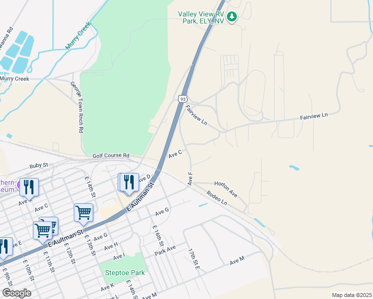 map of restaurants, bars, coffee shops, grocery stores, and more near Avenue F in Ely