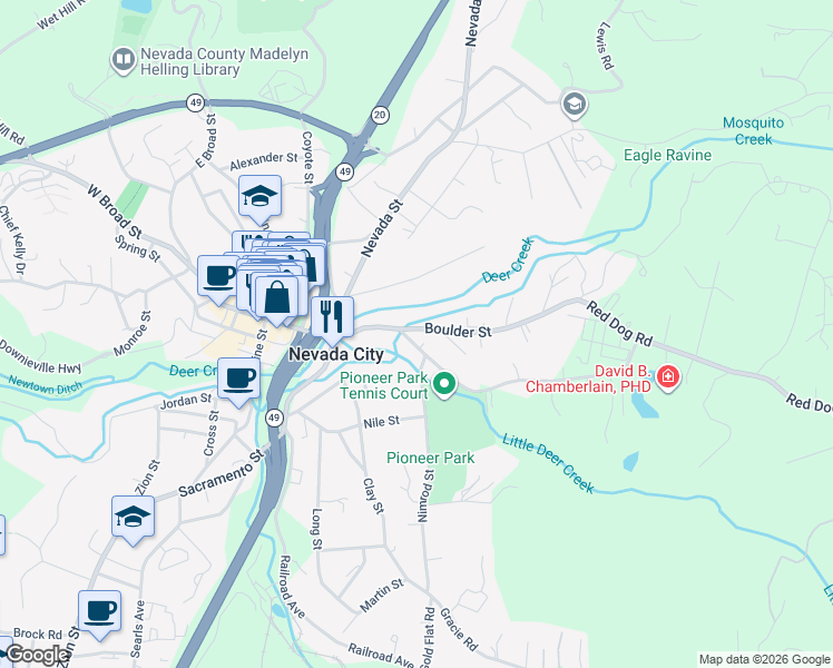 map of restaurants, bars, coffee shops, grocery stores, and more near 211 Park Avenue in Nevada City