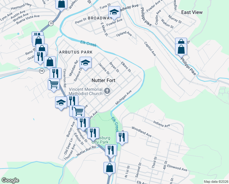 map of restaurants, bars, coffee shops, grocery stores, and more near 516 Illinois Avenue in Nutter Fort