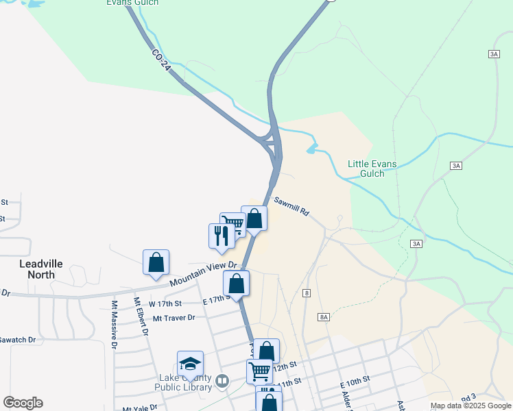 map of restaurants, bars, coffee shops, grocery stores, and more near 2019 North Poplar Street in Leadville