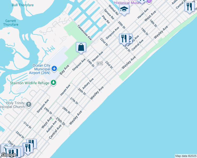 map of restaurants, bars, coffee shops, grocery stores, and more near 2434 Central Avenue in Ocean City