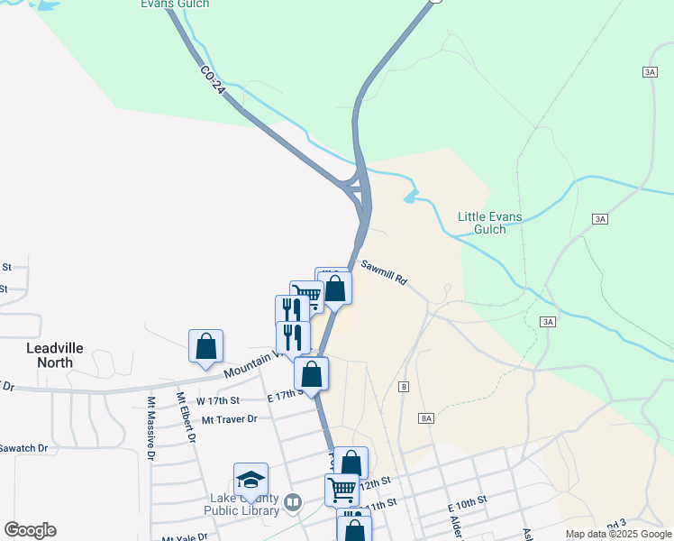map of restaurants, bars, coffee shops, grocery stores, and more near 2019 North Poplar Street in Leadville