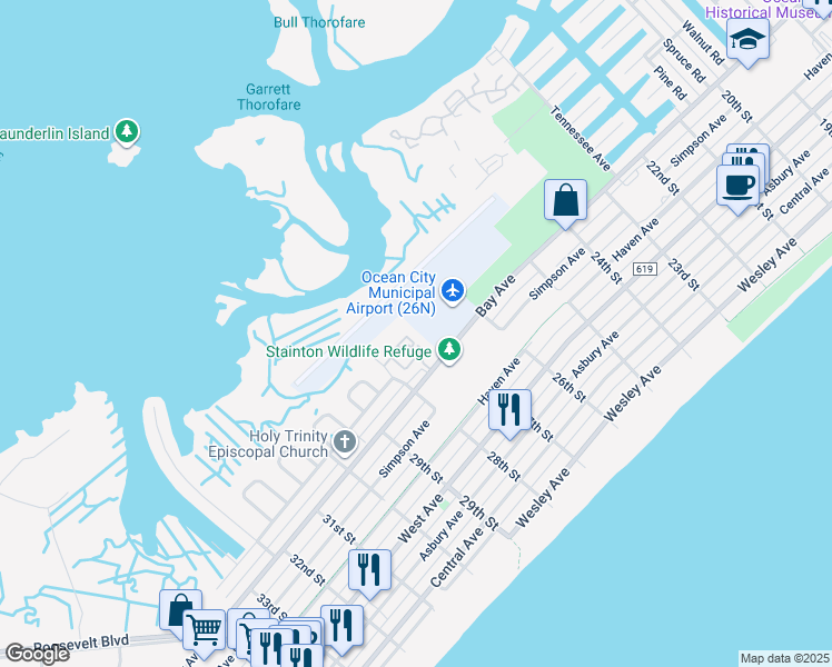 map of restaurants, bars, coffee shops, grocery stores, and more near 105 Folger Court in Ocean City