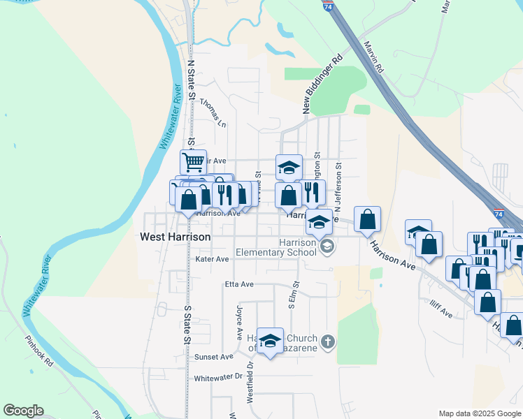 map of restaurants, bars, coffee shops, grocery stores, and more near 109 North Vine Street in Harrison