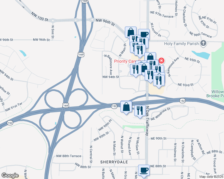 map of restaurants, bars, coffee shops, grocery stores, and more near 111 Northwest 94 Street in Kansas City